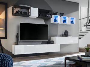 Miniaturka 1 - Meblościanka Kelmoro 280 cm z 2 metalowymi regałami i 3 witrynami LED w aranżacji salonu