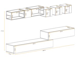 Miniaturka 4 - Meblościanka Kelmoro 280 cm z 2 metalowymi regałami i 3 witrynami LED – rysunek z wymiarami, widok 2