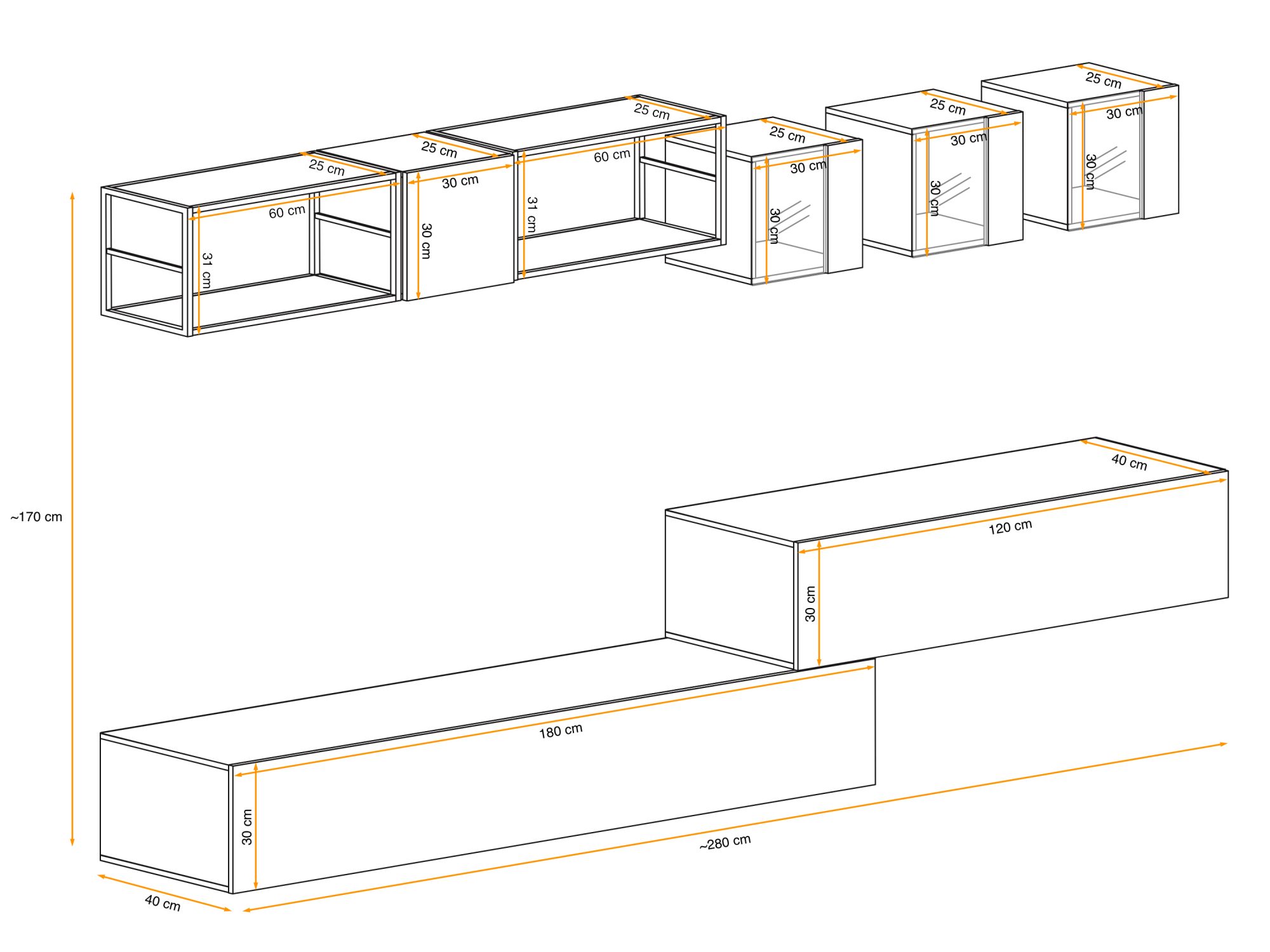 Meblościanka Kelmoro 280 cm z 2 metalowymi regałami i 3 witrynami LED – rysunek z wymiarami, widok 2