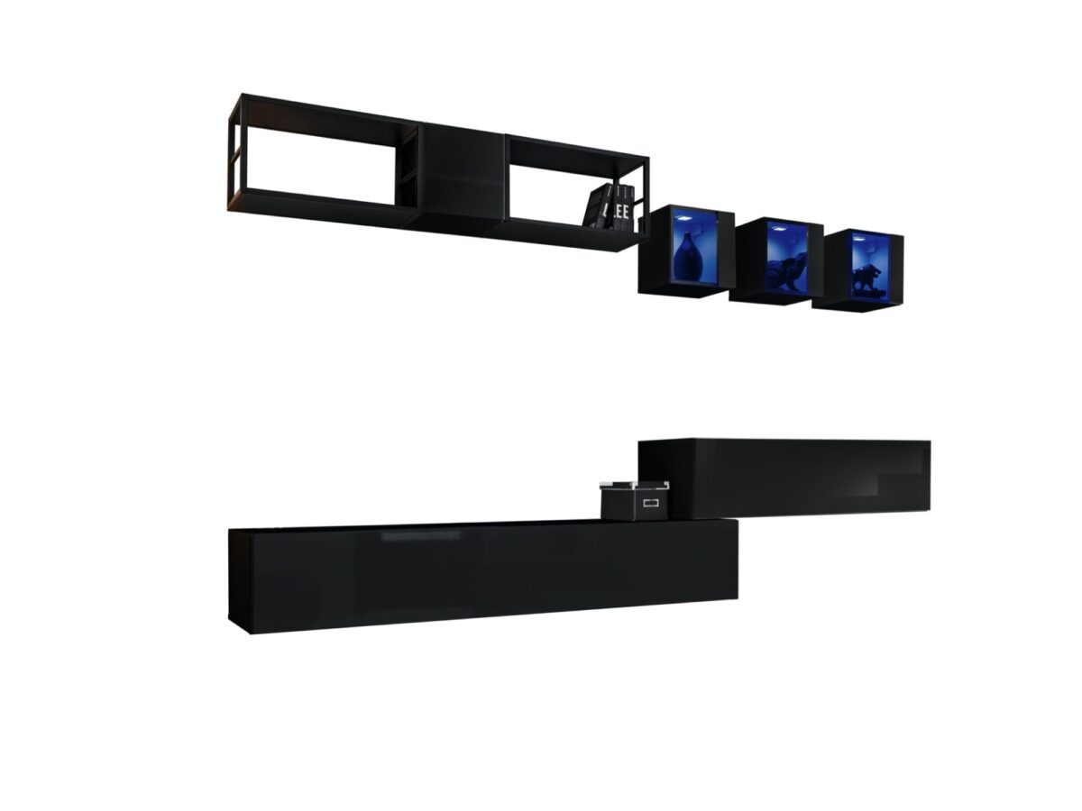 Meblościanka Kelmoro 280 cm z 2 metalowymi regałami i 3 witrynami LED