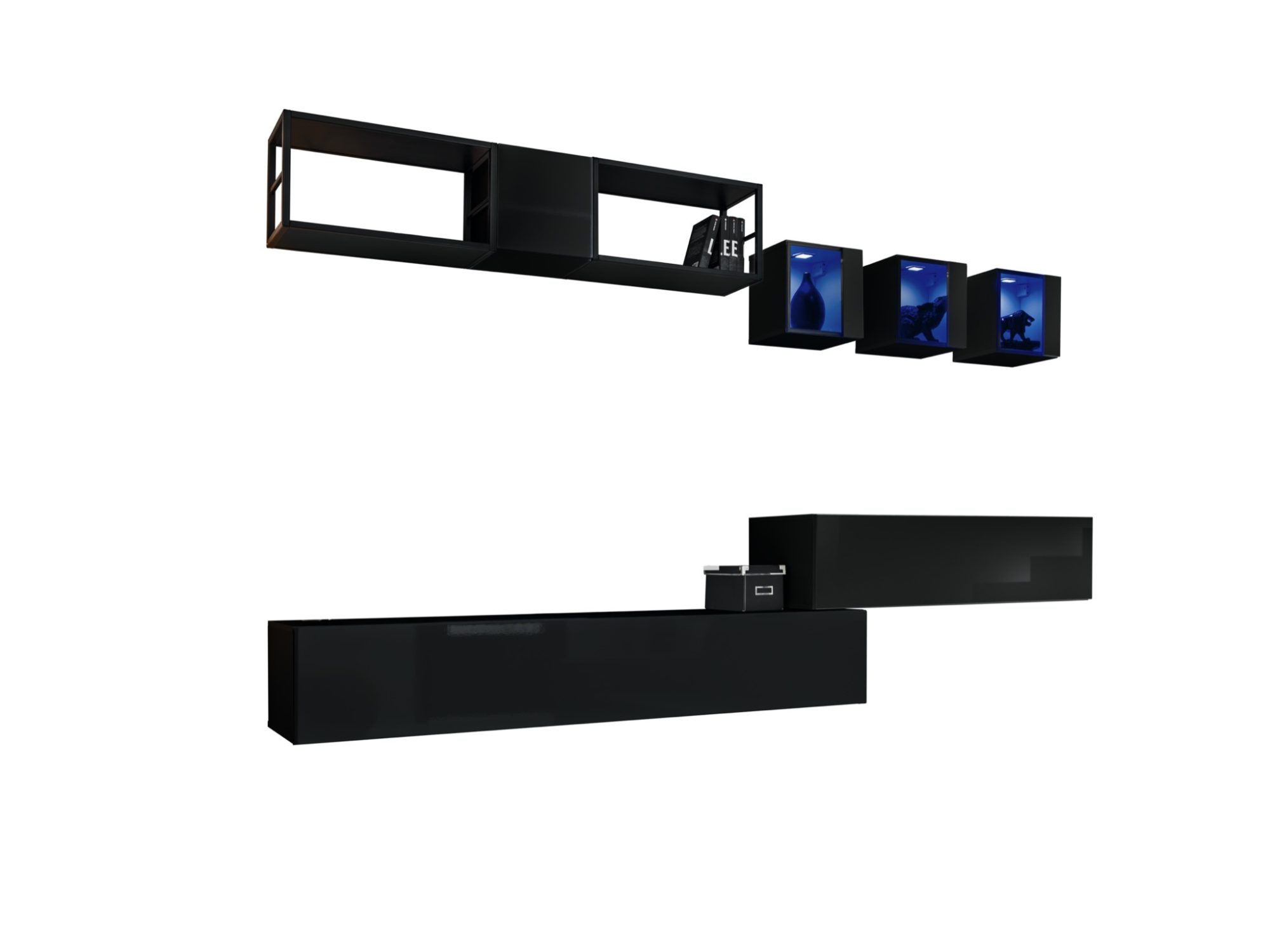 Meblościanka Kelmoro 280 cm z 2 metalowymi regałami i 3 witrynami LED