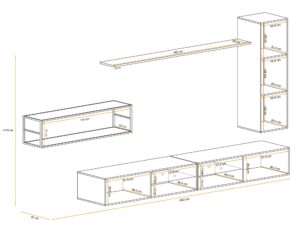 Miniaturka 2 - Meblościanka Kelmoro 300 cm z metalowym regałem i 2 szafkami RTV – rysunek z wymiarami
