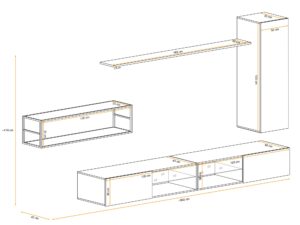 Miniaturka 3 - Meblościanka Kelmoro 300 cm z metalowym regałem i 2 szafkami RTV – rysunek z wymiarami, widok 2