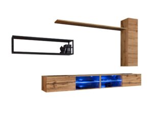 Miniaturka 4 - Meblościanka Kelmoro 300 cm z metalowym regałem i 2 szafkami RTV – Szafka z drewna z LED w kolorze niebieskim