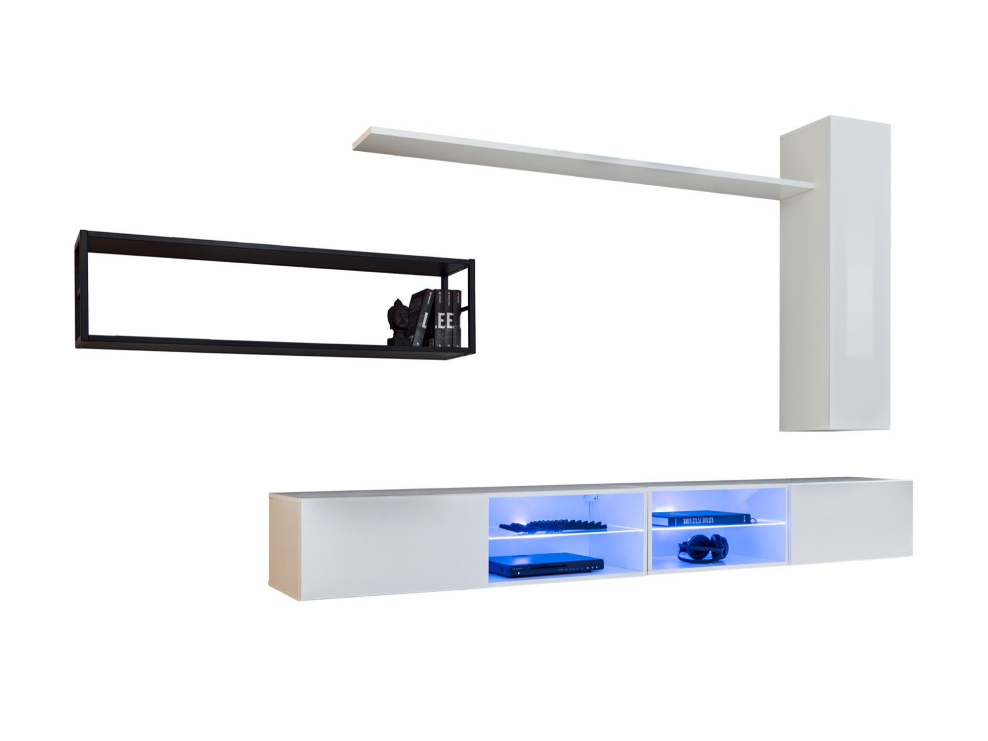 Meblościanka Kelmoro 300 cm z metalowym regałem i 2 szafkami RTV – Szafka z LED, biała, półki wiszące