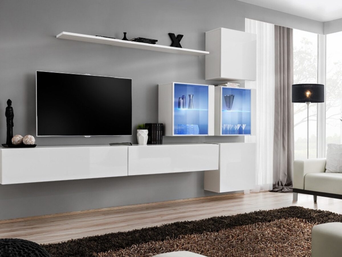 Meblościanka Kelmoro 310 cm z 2 witrynami LED i 2 szafkami RTV