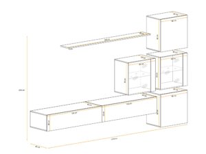 Miniaturka 3 - Meblościanka Kelmoro 310 cm z ryflowanymi frontami, 2 witrynami i 2 szafkami RTV – rysunek z wymiarami, widok 2
