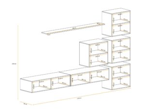 Miniaturka 1 - Meblościanka Kelmoro 310 cm z ryflowanymi frontami, 4 szafkami i 2 szafkami RTV – rysunek z wymiarami