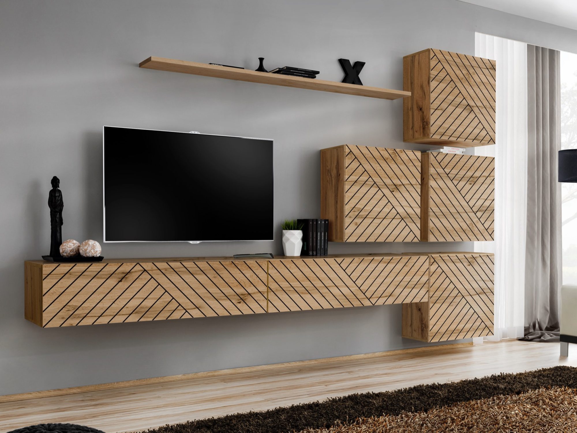 Meblościanka Kelmoro 310 cm z ryflowanymi frontami, 4 szafkami i 2 szafkami RTV w aranżacji salonu