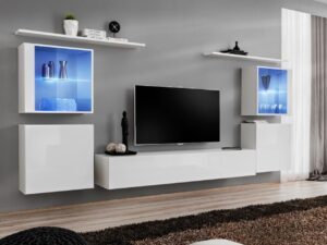 Miniaturka 8 - Meblościanka Kelmoro 320 cm z 2 witrynami LED i szafkami w aranżacji salonu