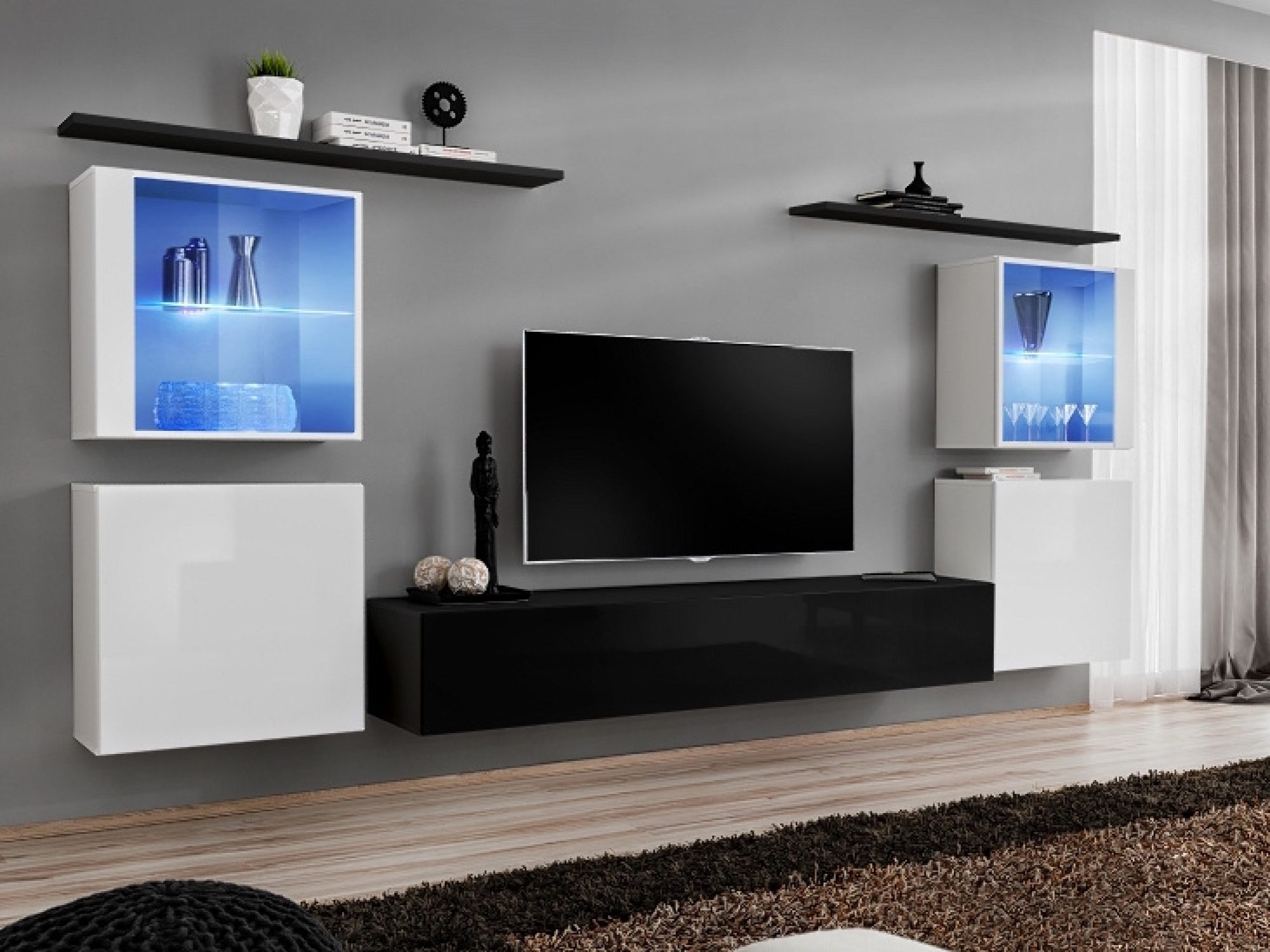 Meblościanka Kelmoro 320 cm z 2 witrynami LED i szafkami