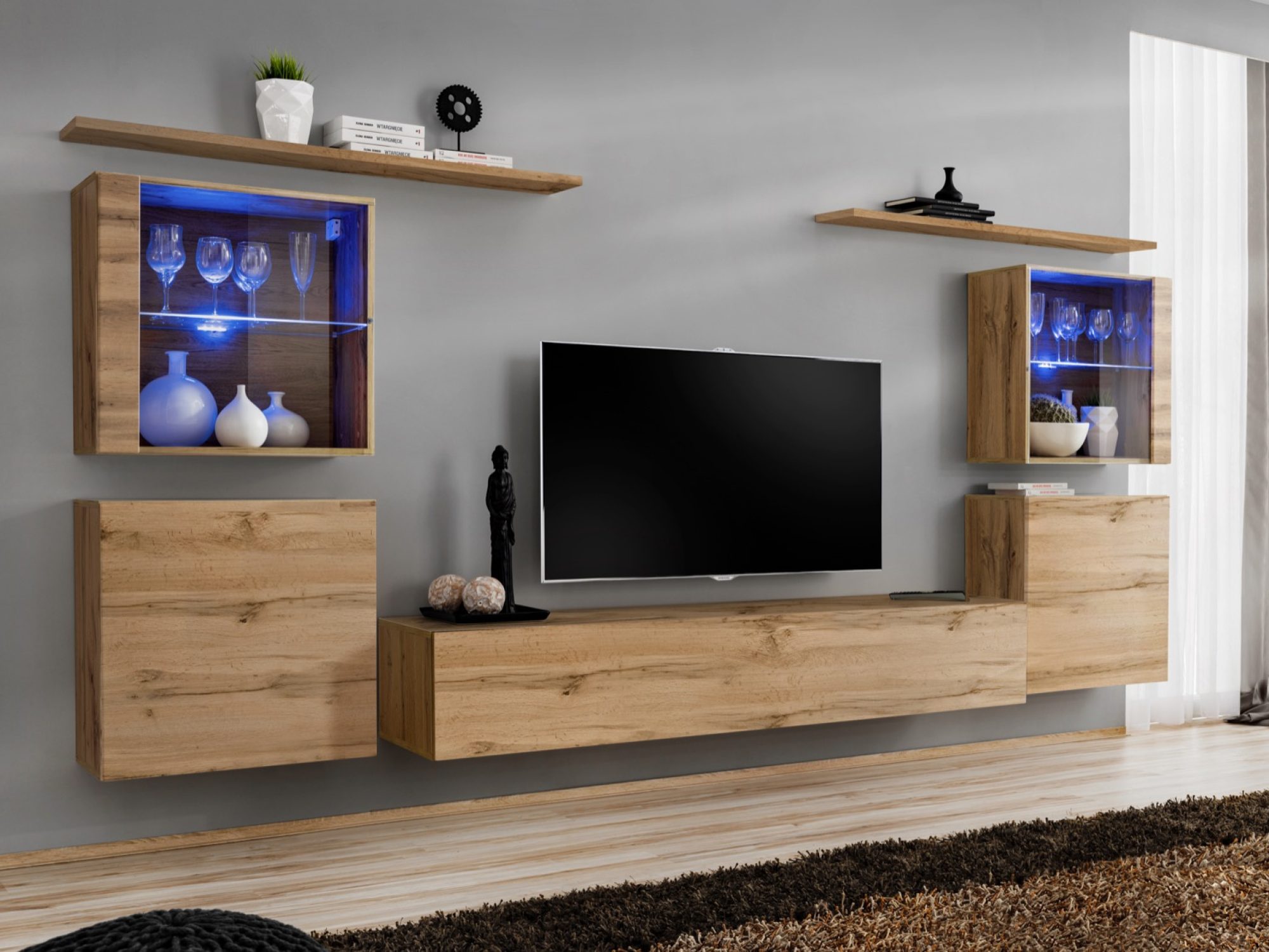 Meblościanka Kelmoro 320 cm z 2 witrynami LED i szafkami