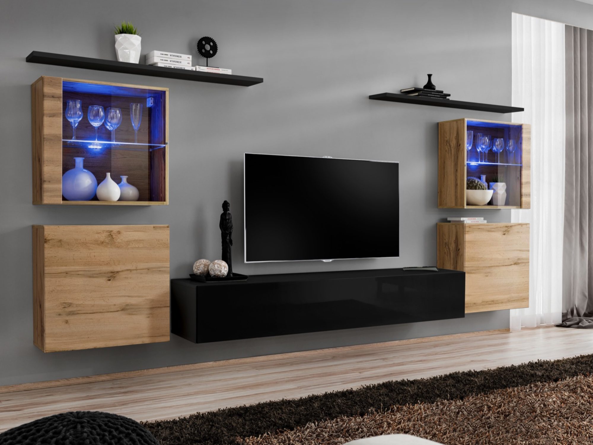 Meblościanka Kelmoro 320 cm z 2 witrynami LED i szafkami