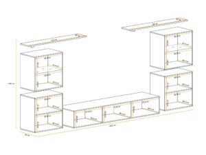 Miniaturka 1 - Meblościanka Kelmoro 320 cm z ryflowanymi frontami, 2 witrynami i szafkami – rysunek z wymiarami