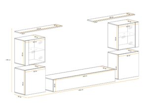 Miniaturka 2 - Meblościanka Kelmoro 320 cm z ryflowanymi frontami, 2 witrynami i szafkami – rysunek z wymiarami, widok 2