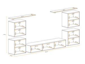 Miniaturka 1 - Meblościanka Kelmoro 320 cm z ryflowanymi frontami i 4 szafkami – rysunek z wymiarami