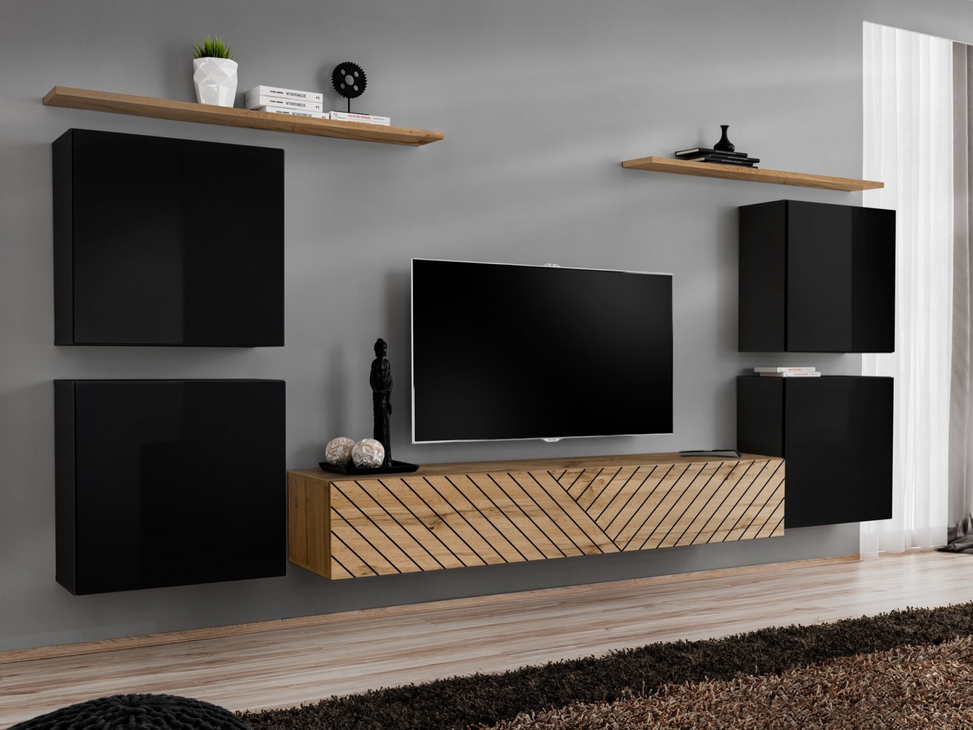 Meblościanka Kelmoro 320 cm z ryflowanymi frontami i 4 szafkami