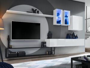 Miniaturka 2 - Meblościanka Kelmoro 330 cm z 2 witrynami LED i półką na metalowej ramie – Szafka wisząca biała z LED niebieskim