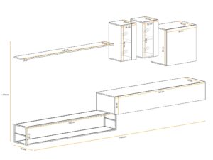 Miniaturka 4 - Meblościanka Kelmoro 330 cm z 2 witrynami LED i półką na metalowej ramie – rysunek z wymiarami, widok 2