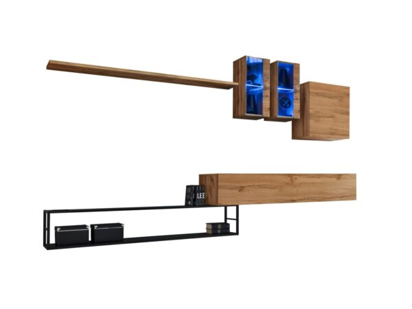 Meblościanka Kelmoro 330 cm z 2 witrynami LED i półką na metalowej ramie