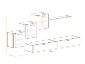 Miniaturka 2 - Meblościanka Kelmoro 330 cm z 3 witrynami LED i 2 szafkami RTV – rysunek z wymiarami, widok 2