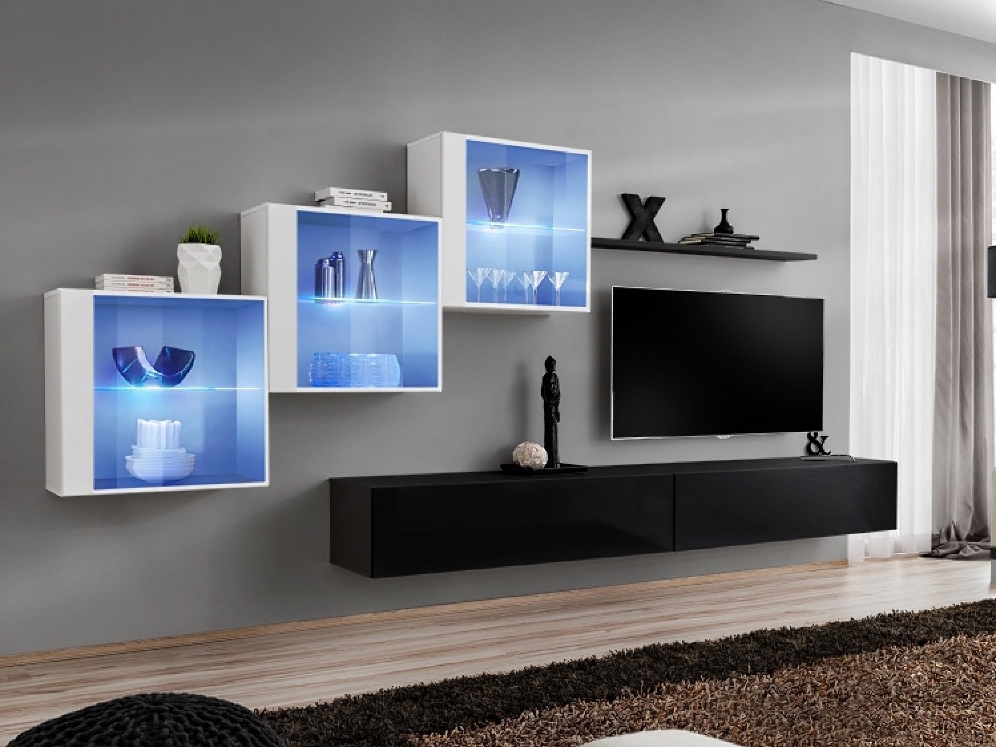 Meblościanka Kelmoro 330 cm z 3 witrynami LED i 2 szafkami RTV