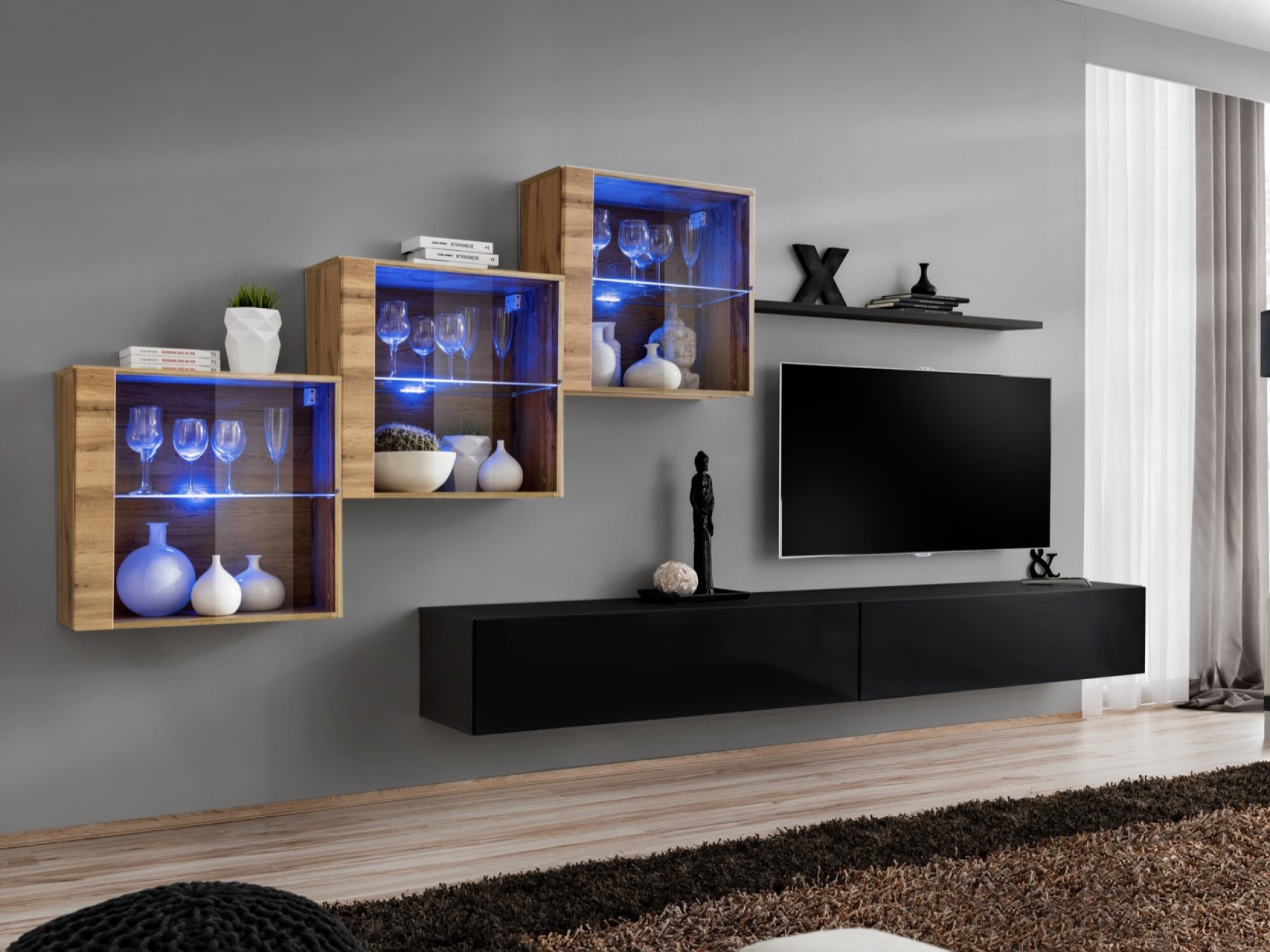 Meblościanka Kelmoro 330 cm z 3 witrynami LED i 2 szafkami RTV