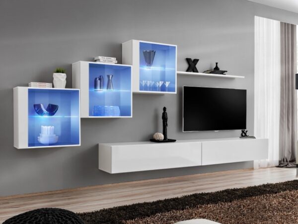 Meblościanka Kelmoro 330 cm z 3 witrynami LED i 2 szafkami RTV w aranżacji salonu