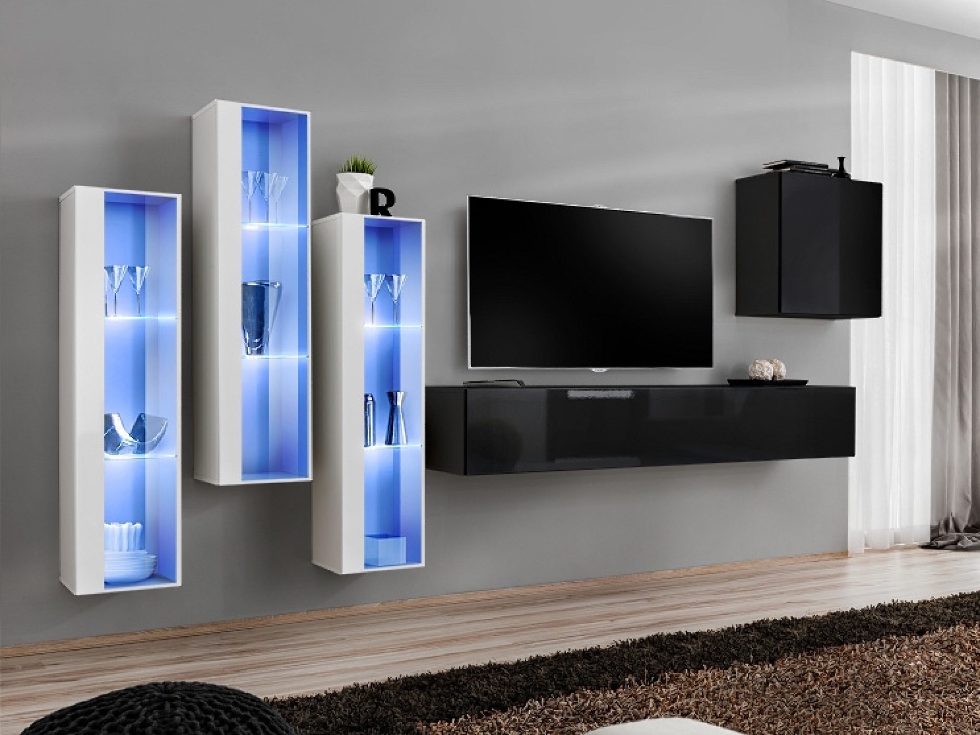 Meblościanka Kelmoro 330 cm z 3 wysokimi witrynami LED