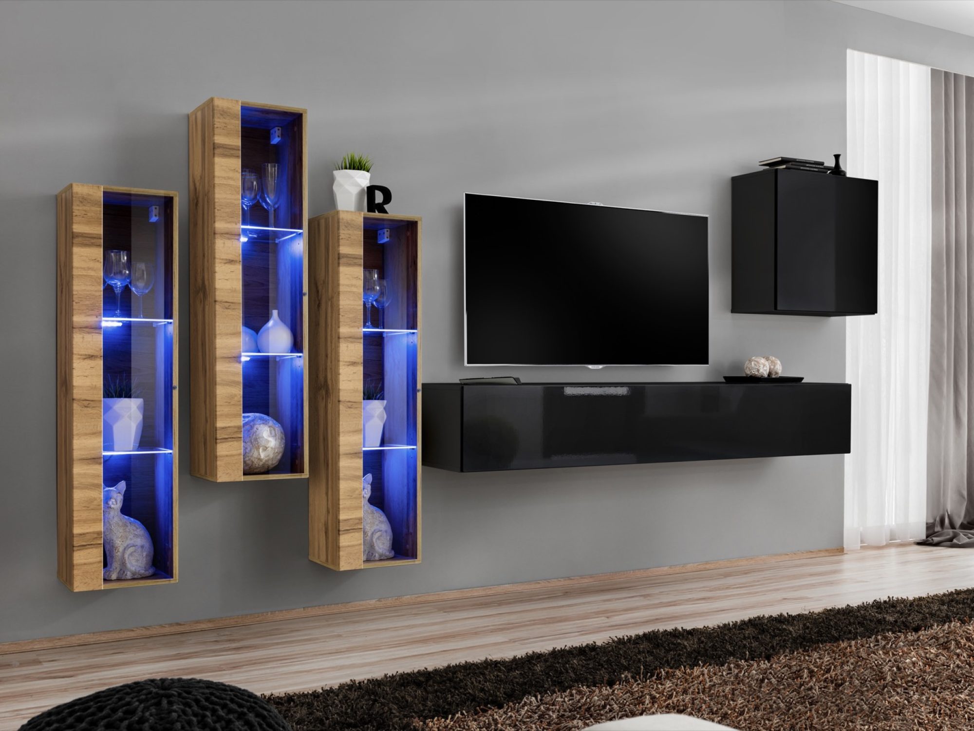 Meblościanka Kelmoro 330 cm z 3 wysokimi witrynami LED