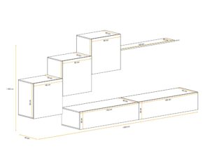 Miniaturka 2 - Meblościanka Kelmoro 330 cm z ryflowanymi frontami, 3 szafkami i 2 szafkami RTV – rysunek z wymiarami, widok 2