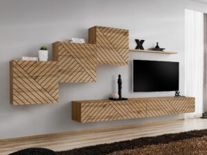 Miniaturka 6 - Meblościanka Kelmoro 330 cm z ryflowanymi frontami, 3 szafkami i 2 szafkami RTV w aranżacji salonu
