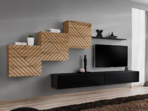 Miniaturka 3 - Meblościanka Kelmoro 330 cm z ryflowanymi frontami, 3 szafkami i 2 szafkami RTV