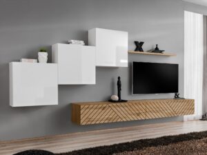 Miniaturka 5 - Meblościanka Kelmoro 330 cm z ryflowanymi frontami, 3 szafkami i 2 szafkami RTV