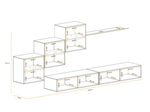 Miniaturka 2 - Meblościanka Kelmoro 330 cm z ryflowanymi frontami, 3 witrynami i 2 szafkami RTV – rysunek z wymiarami