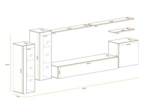 Miniaturka 3 - Meblościanka Kelmoro 330 cm z ryflowanymi frontami i 2 wysokimi witrynami – rysunek z wymiarami, widok 2