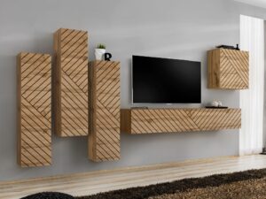 Miniaturka 7 - Meblościanka Kelmoro 330 cm z ryflowanymi frontami i 3 wysokimi szafkami w aranżacji salonu