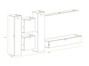 Miniaturka 2 - Meblościanka Kelmoro 330 cm z ryflowanymi frontami, wysokimi i niskimi szafkami – rysunek z wymiarami, widok 2