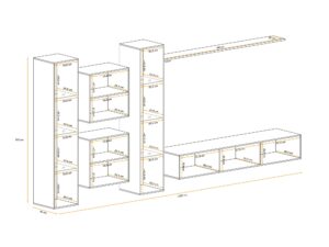 Miniaturka 1 - Meblościanka Kelmoro 330 cm z wysokimi witrynami LED i szafkami – rysunek z wymiarami