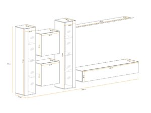 Miniaturka 2 - Meblościanka Kelmoro 330 cm z wysokimi witrynami LED i szafkami – rysunek z wymiarami, widok 2