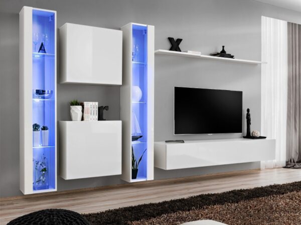 Meblościanka Kelmoro 330 cm z wysokimi witrynami LED i szafkami w aranżacji salonu
