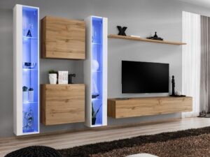 Miniaturka 7 - Meblościanka Kelmoro 330 cm z wysokimi witrynami LED i szafkami