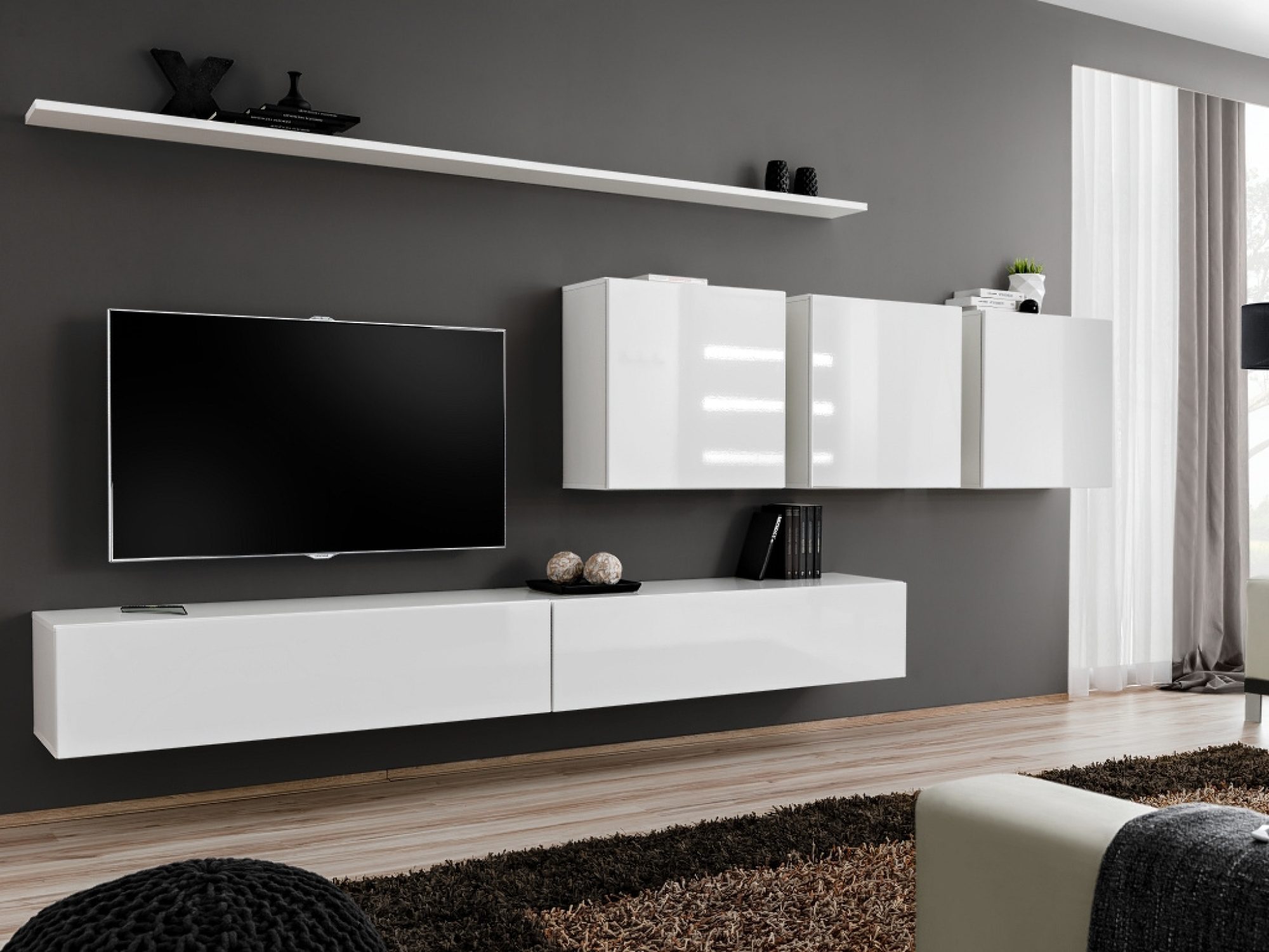 Meblościanka Kelmoro 340 cm z 3 szafkami i 2 szafkami RTV w aranżacji salonu