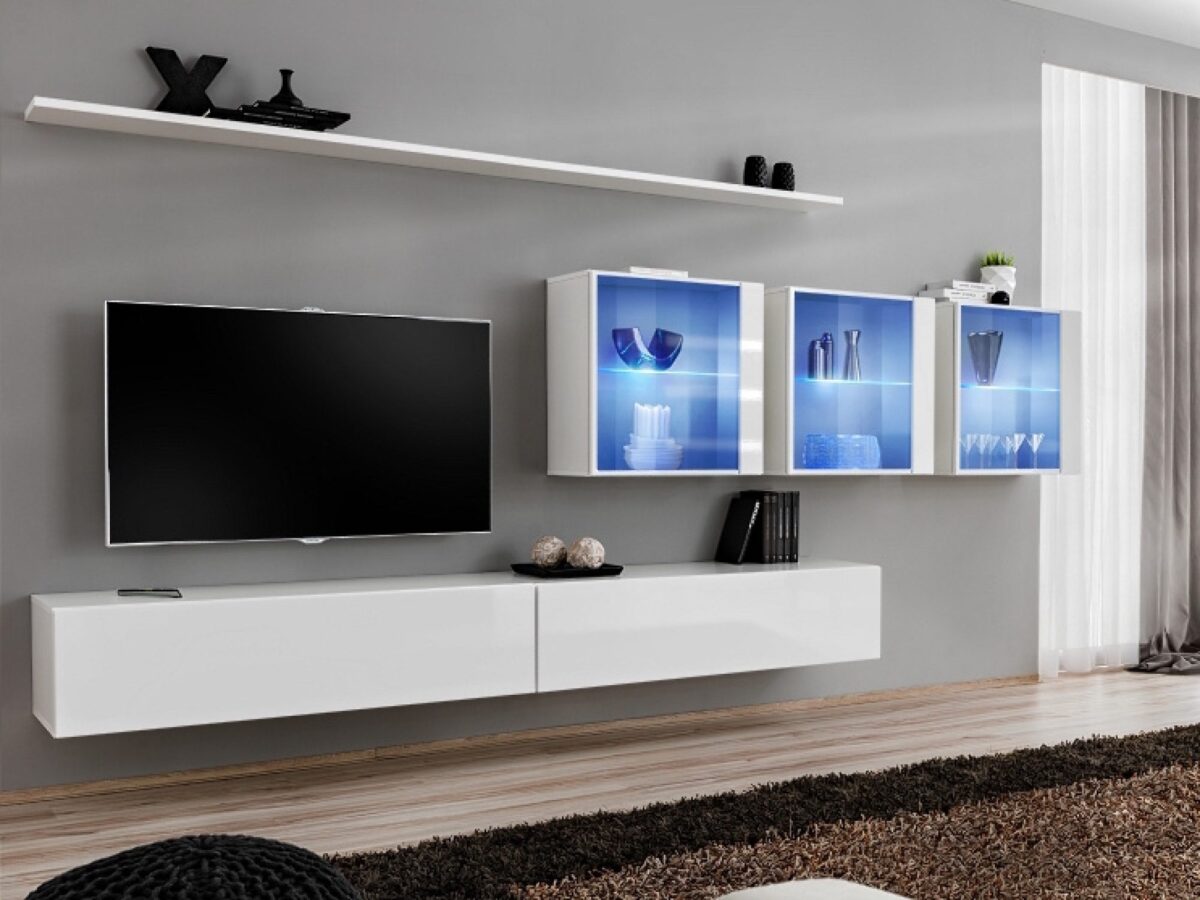 Meblościanka Kelmoro 340 cm z 3 witrynami LED i 2 szafkami RTV