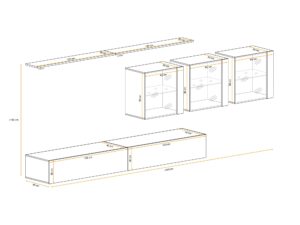 Miniaturka 2 - Meblościanka Kelmoro 340 cm z 3 witrynami LED i 2 szafkami RTV – rysunek z wymiarami, widok 2