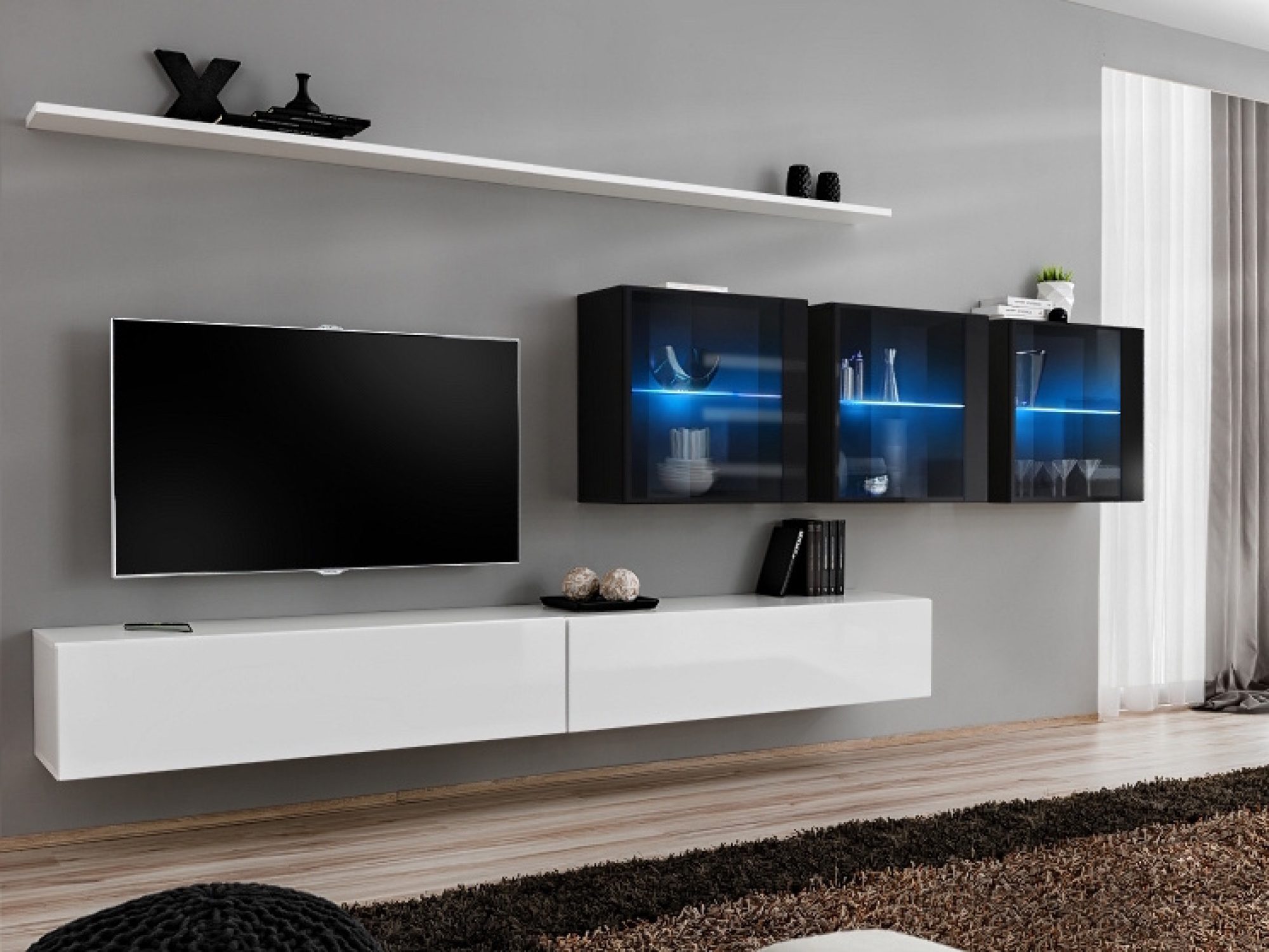 Meblościanka Kelmoro 340 cm z 3 witrynami LED i 2 szafkami RTV