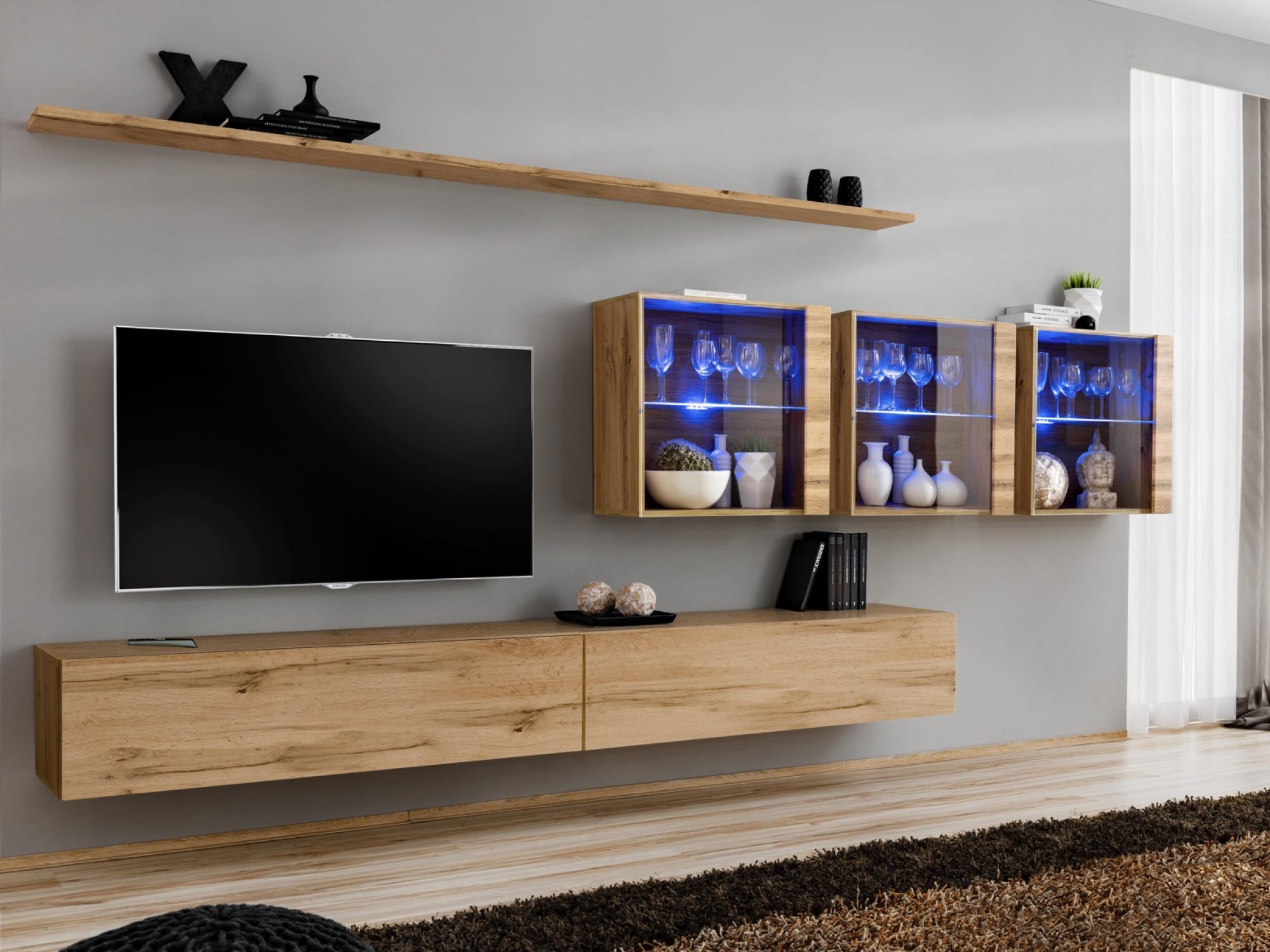 Meblościanka Kelmoro 340 cm z 3 witrynami LED i 2 szafkami RTV