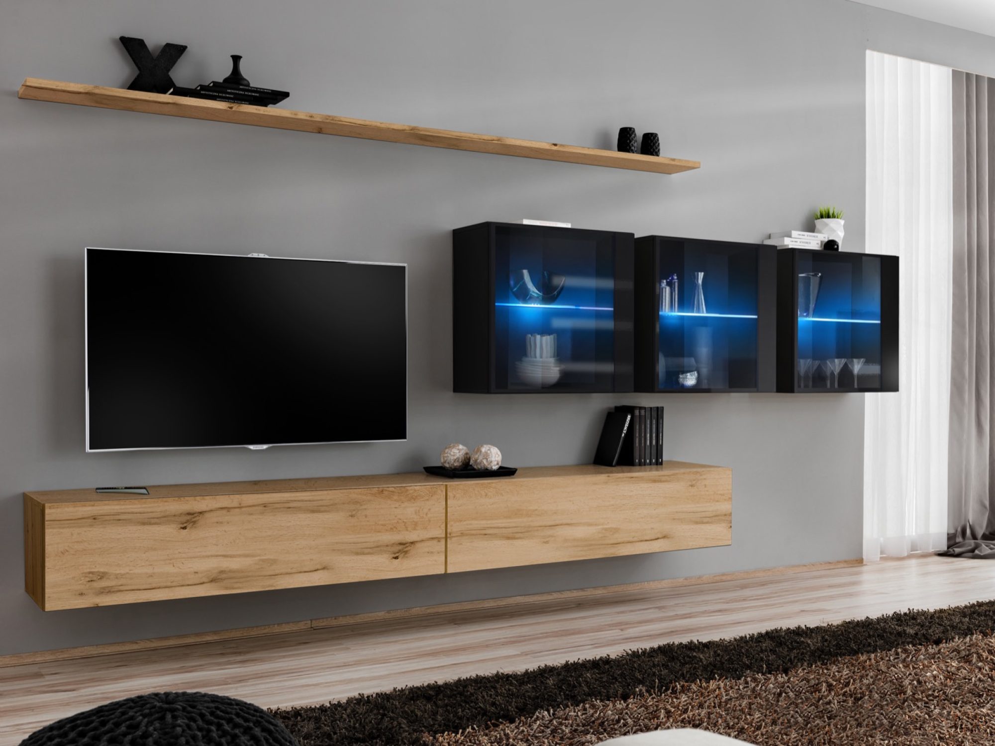 Meblościanka Kelmoro 340 cm z 3 witrynami LED i 2 szafkami RTV