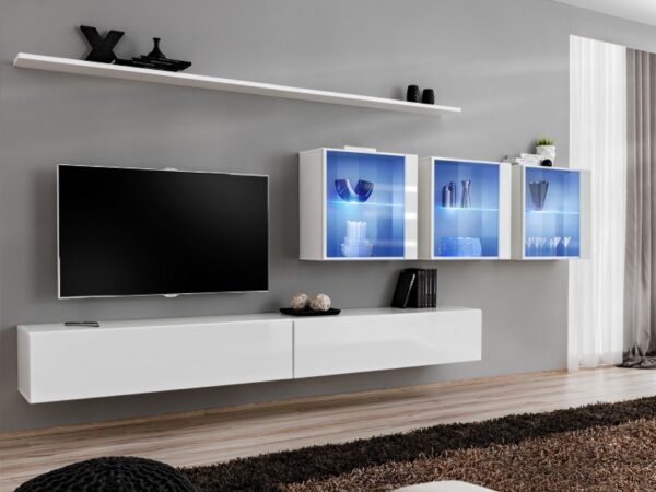 Meblościanka Kelmoro 340 cm z 3 witrynami LED i 2 szafkami RTV w aranżacji salonu