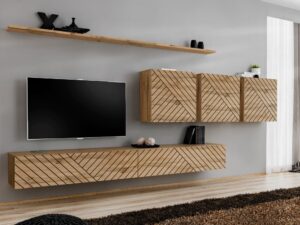 Miniaturka 7 - Meblościanka Kelmoro 340 cm z ryflowanymi frontami i 2 szafkami RTV w aranżacji salonu